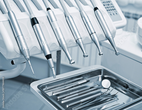 Close-up of dental tools and equipment in a modern clinic