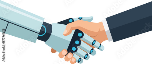 Human hand shaking a robotic hand with blue accents on a white background handshake