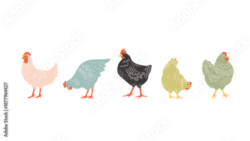 Cute Hand Draw Chickens On a white background. Cartoon poultry Design for Easter, farm design of postcards, posters, banners