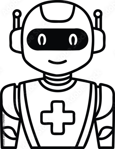 Simple black and white line art of a friendly robot with a cross symbol android character