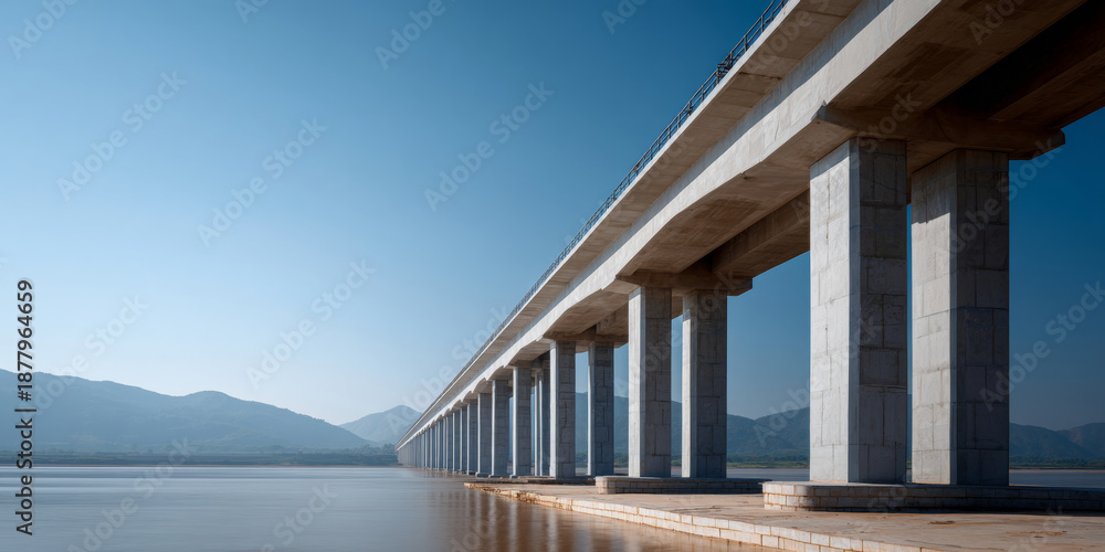 Fototapeta premium Long concrete bridge supported by multiple pillars extending over calm water with mountains in the background under clear blue sky