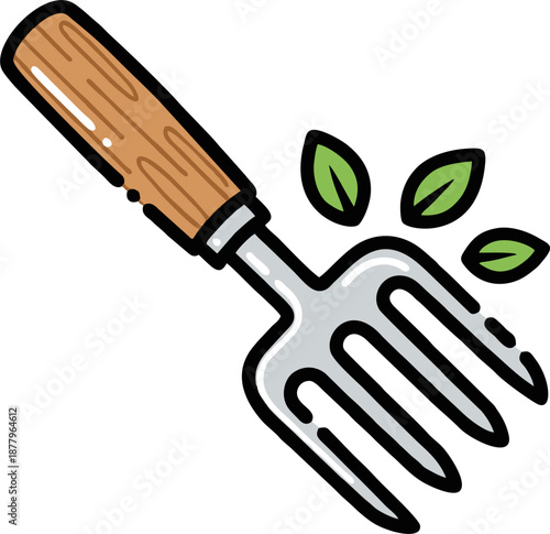 Hand-drawn garden fork with wooden handle and green leaves.