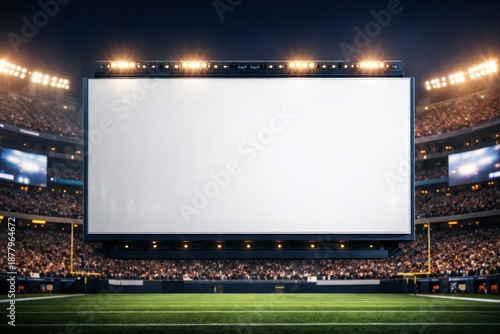 A large empty screen stands at the center of the stadium during the Super Bowl surrounded by fans and the football field