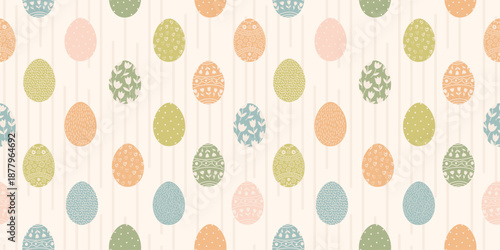 Easter Banner with seamless Pattern With Colorful Eggs In Pastel Colors On a light Background With stripes. Vector design for postcards, textiles, banners, posters