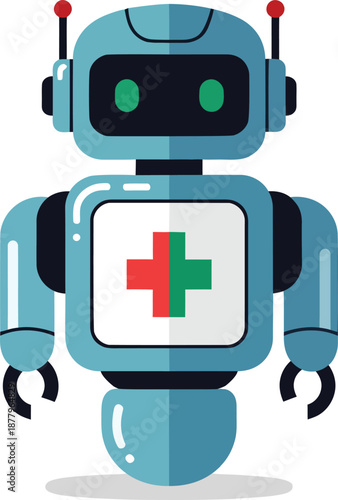 Cartoon medical robot with a red and green cross on its chest healthcare character