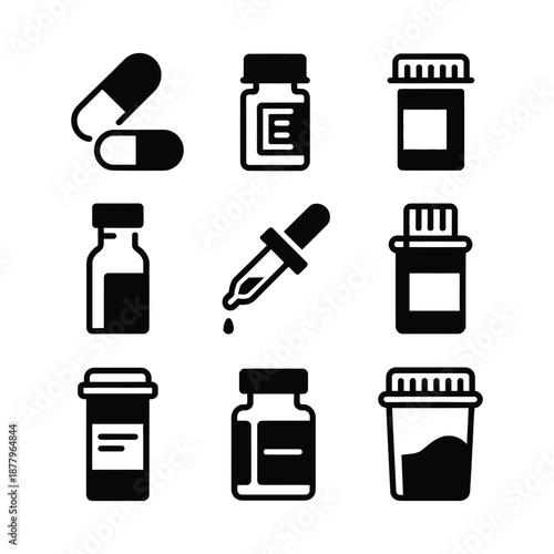 Collection of various medical pill bottles capsules and supplements, minimal line art silhouette style design for pharmaceutical visuals, health care education, medical icons, packaging templates and 