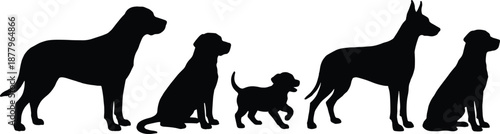 Black Silhouettes of Dogs in Various Poses and Sizes Representing Breed Diversity, Growth Stages, and Pet Companionship