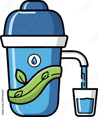 Portable water filter dispenser with green leaf design.