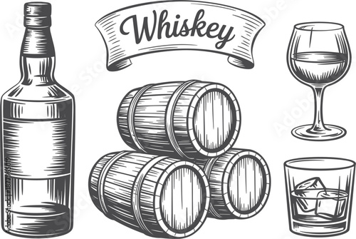 Vintage whiskey collection sketch, glass of bourbon with ice, wooden barrels, and bottle vector illustration