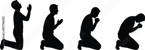 Black Silhouettes of People Kneeling and Praying in Progressive Postures Depicting Spiritual Devotion and Religious Supplication
