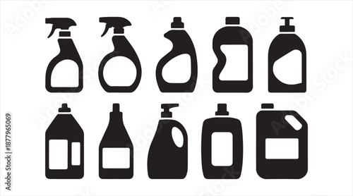 Household Cleaning Container Silhouettes, Black Hygiene Product Icons