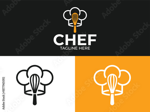 Chef Logo Design Set. Whisk in Hat and Organic Leaf Fork Vector Symbols for Restaurant and Healthy Food Branding.Chef Logo Design Set. Whisk in Hat and Organic Leaf Fork Vector Symbols for Restaurant