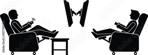 Black Silhouettes of People Playing Video Games in Armchairs Depicting Multiplayer Gaming, Leisure, and Social Interaction