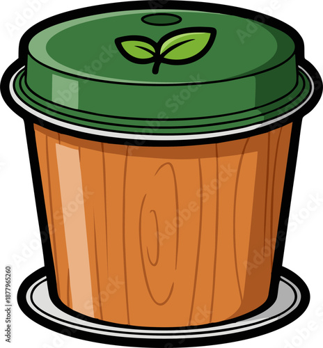 Single serve coffee pod with a green lid and leaf design.