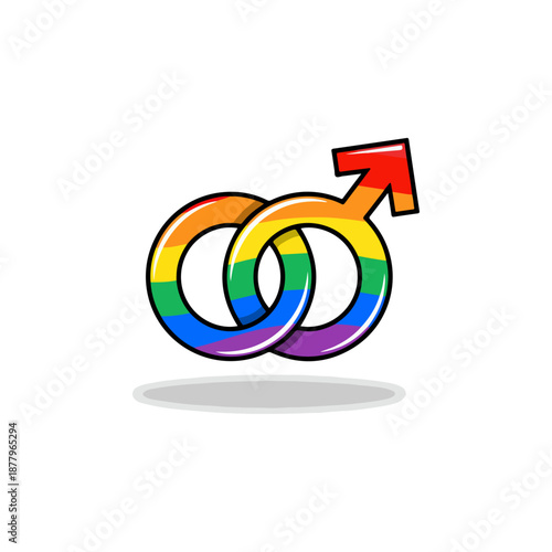 Interlocking male gender symbols in rainbow colors representing gay pride.