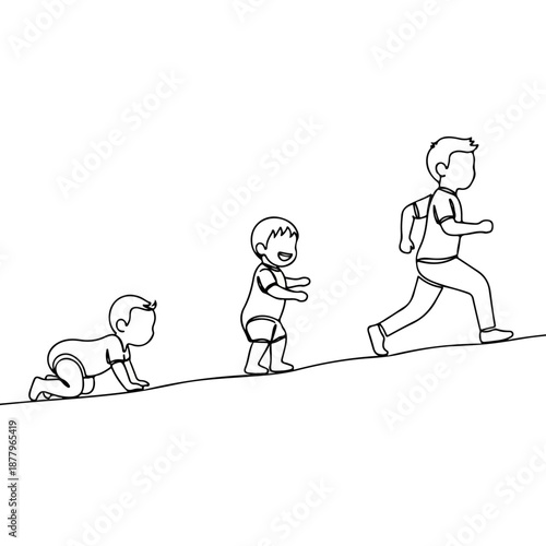Continuous line drawing of a childs growth stages from baby to young boy.
