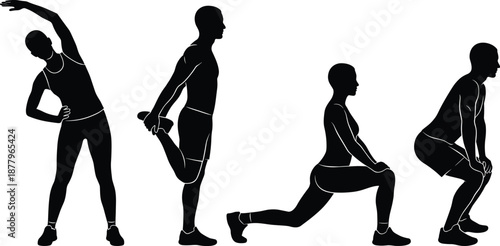   
Black Silhouettes of People Performing Stretching Exercises for Fitness, Flexibility, and Warm-Up Routines