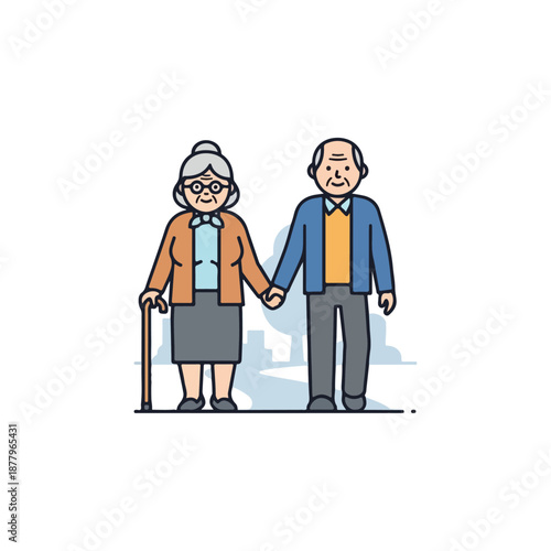 Elderly couple holding hands, walking together, showing love and companionship.