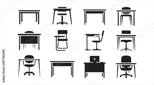Modern Office Furniture Silhouette Set, Minimal Interior Equipment Symbols