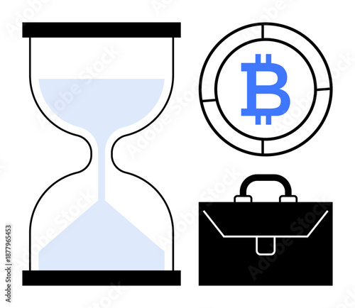 Cryptocurrency, blockchain, finance, time management, wealth building, e-commerce. An hourglass, Bitcoin symbol and briefcase in a minimal style. Cryptocurrency and finance