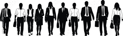Silhouette of large group of business people walking forward together, corporate team, professional men and women in suits with briefcases,