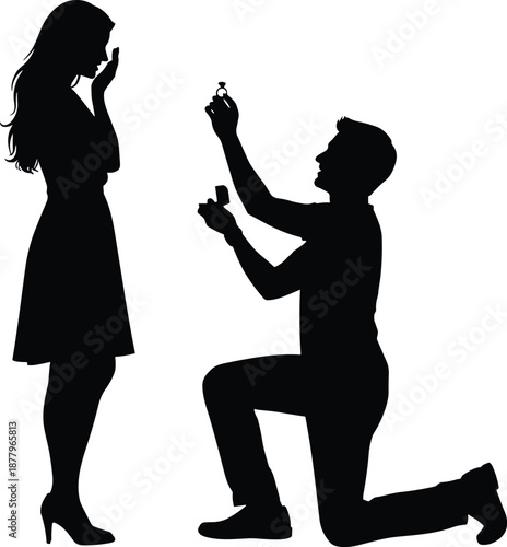 Silhouette of man kneeling and proposing to woman with engagement ring, romantic marriage proposal, wedding, love, couple, anniversary, valentine, isolated,