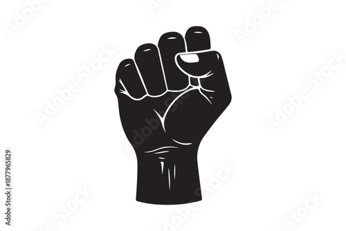 Raised fist vector illustration. Symbol of power, strength, protest, and solidarity silhouette on white background