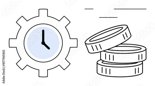 Time management, productivity, financial growth, economic efficiency, business prioritization, cost optimization. A clock inside a gear and a stack of coins. Time management and financial growth