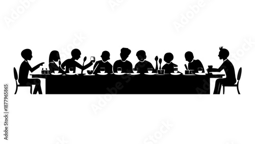 A silhouette of a long table with many people sitting together, sharing food and talking.