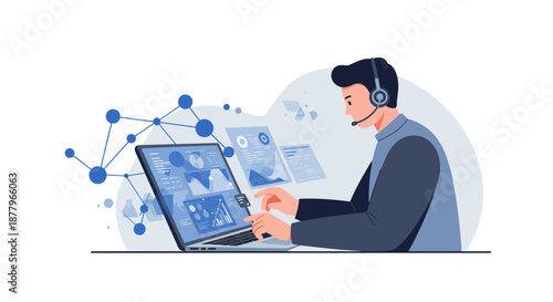 Man Wearing Headset Working on Laptop.