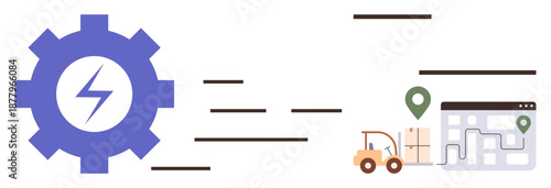 Logistics, supply chain, delivery tracking, route optimization, transportation, shipping. Gear icon with lightning bolt, forklift with boxes and delivery route map. Logistics and supply chain