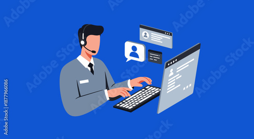 Customer Service Representative Working on Computer.