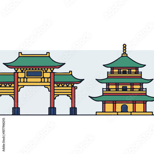 Traditional Chinese Archway and Pagoda Architecture.