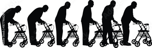 Silhouette set of elderly man using walker in different poses, senior citizen mobility, geriatric healthcare, rehabilitation, disabled patient, isolated,