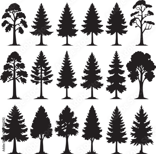 Black tree silhouettes set nature forest trees vector on white background 