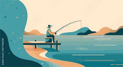 Man Fishing on a Dock Illustration.