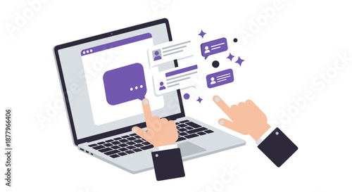 Hands Interacting with Laptop and Social Media Icons.