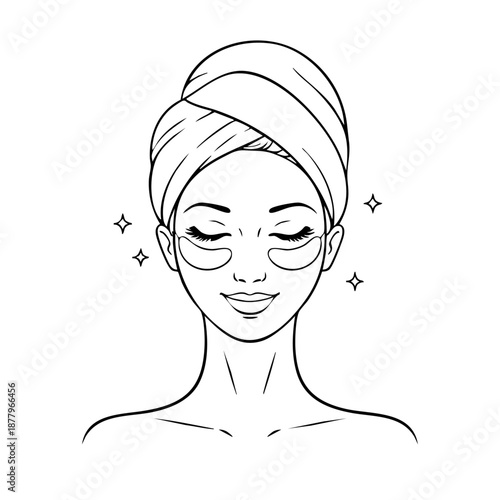 Woman face with under eye patches line icon, skincare eye care illustration