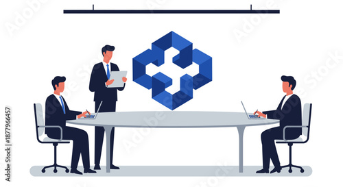 Three Businessmen Discussing Around Table with Logo.