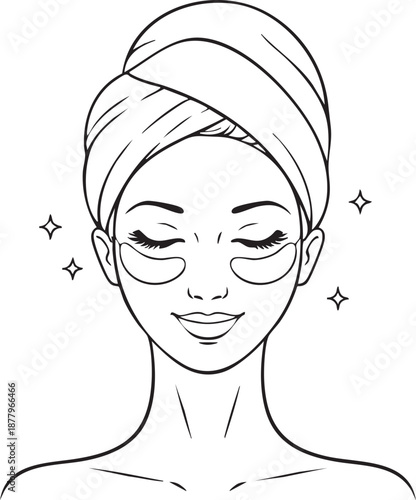 Woman face with under eye patches line icon, skincare eye care illustration