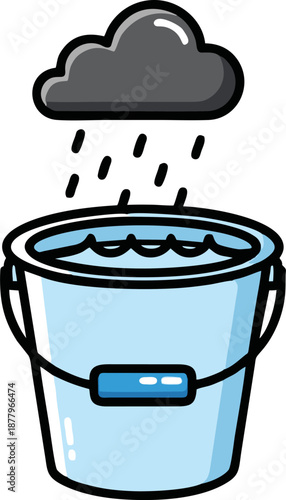 Rainwater harvesting concept with dark cloud raining into a blue bucket filled with water.