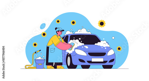 Man Cleaning Car with Soap and Sponge.