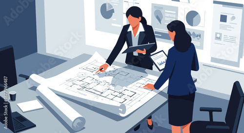 Two Women Reviewing Architectural Blueprint Together.