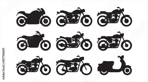 Motorcycle Types Silhouette Pack, Simple Black Two Wheeler Icons
