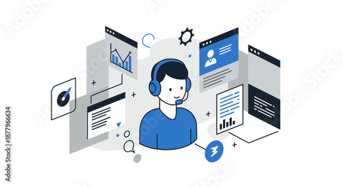 Customer Support Representative with Headset and Screens.