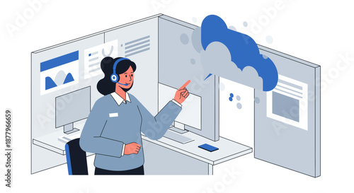 Woman Wearing Headset Pointing at Cloud.