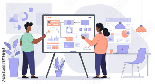 Two People Discussing Business Plan on Whiteboard.