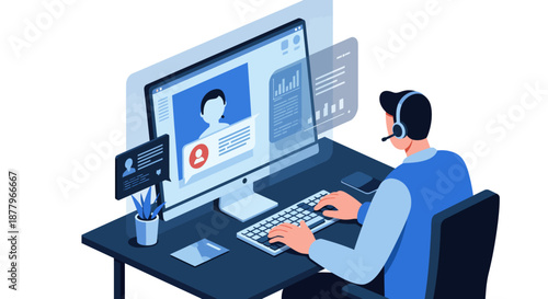 Customer Service Representative Working on Computer.