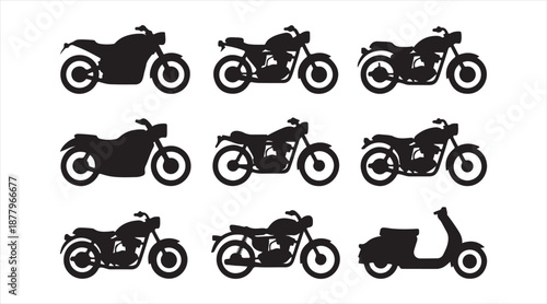 Black Motorcycle and Scooter Icon Collection, Minimal Flat Transport Silhouettes