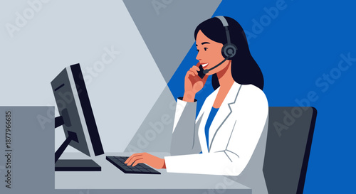 Woman Wearing Headset Working on Computer.